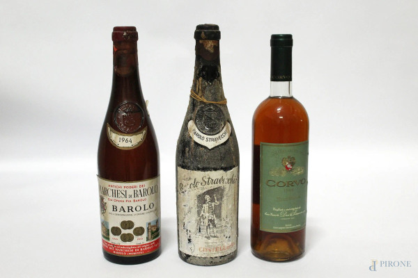 Lotto di tre vini: Corvo, Marchesi di Barolo 1964, Barolo Stravecchio.