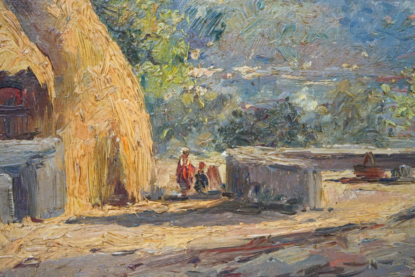 Scorci di fattoria, coppia di dipinti, cm 26x40,5 e cm 26x41, firmati e datati rispettivamente "4...