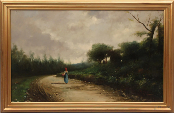 Marc&#242;, Paesaggio con sentiero e figura, olio su tela, cm 65x105, entro cornice.