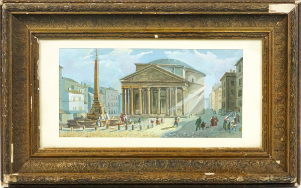 Piazza della rotonda, tempera su carta, cm 13x27,5, XIX-XX secolo, entro cornice