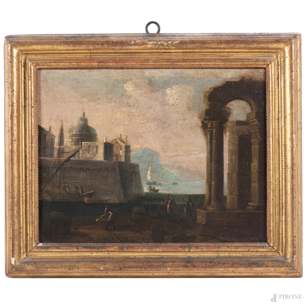 Lotto composto da quattro dipinti raffiguranti città fortificate, XVII secolo, olio su tela, misu...