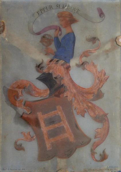 Pannello in vetro dipinto raffigurante figura con stemma nobiliare, 38x27 cm.