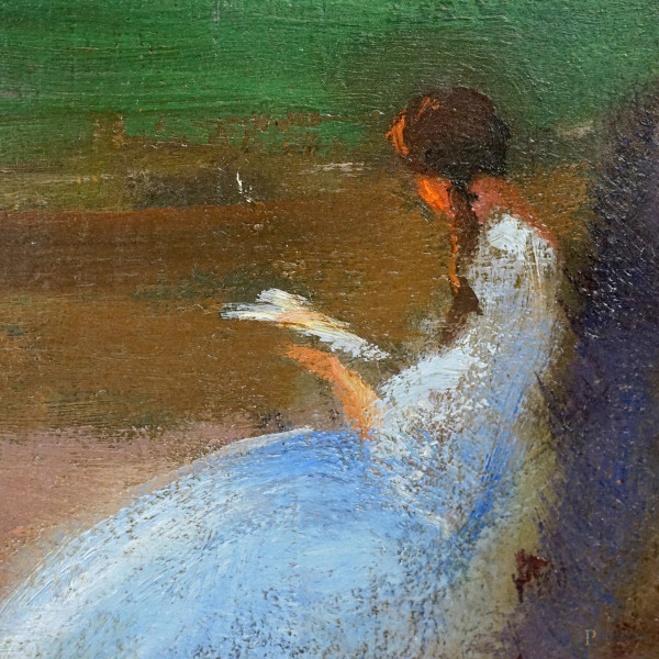 Parco con figure, olio su compensato, firmato, cm 120x80, entro cornice