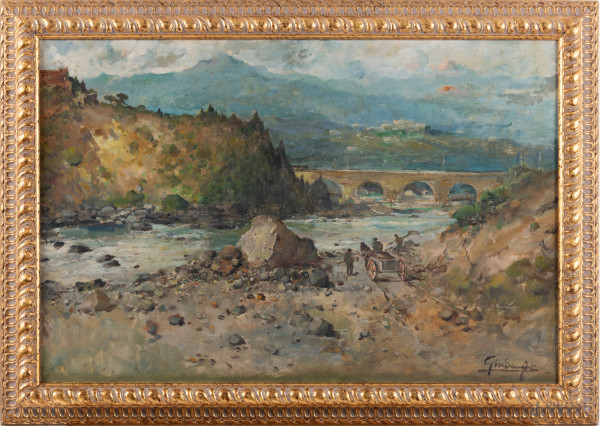 Al lavoro lungo il fiume, XX secolo, olio su tela, cm 61x92, firmato in basso a destra, entro cornice