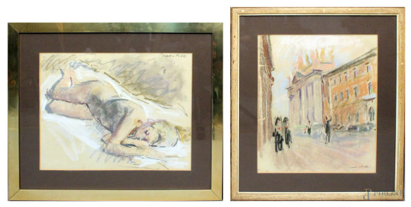 Lotto composto da due dipinti raffiguranti un nudo ed un paesaggio, pastelli su carta, cm 43x34 e cm 40x35, firmati, entro cornici.