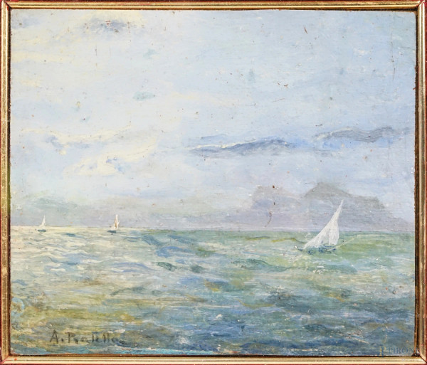 Marina con imbarcazioni, olio su cartone, cm 14x16, firmato, entro cornice.