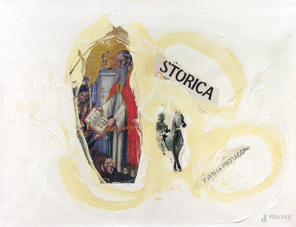 Composizione astratta, acrilici e collage su tela, cm 38x48, siglato in basso al centro, timbro e firma al retro, con autentica, entro cornice