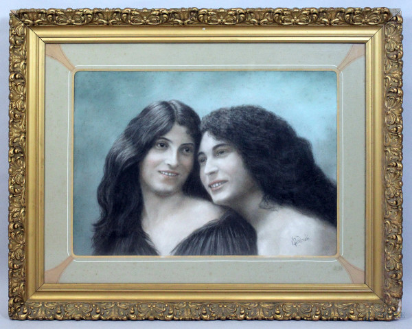 Attilio Andreoli - Le sorelle, pastello su carta, cm 47x66, entro cornice
