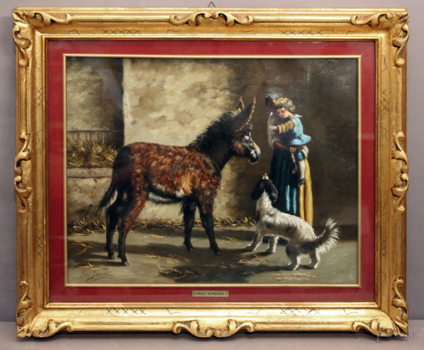 Remo Bonavenia, Interno di stalla con figure e asinello, olio su tela, 40x50 cm, entro cornice