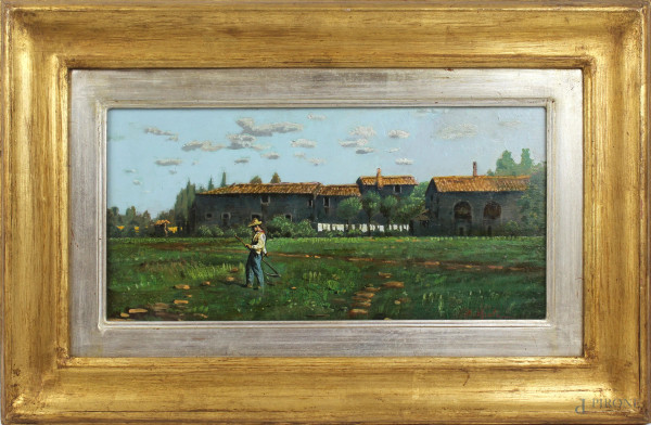 Paesaggio toscano con contadino, olio su tavola, cm 14x29, firmato A. Mioli, entro cornice
