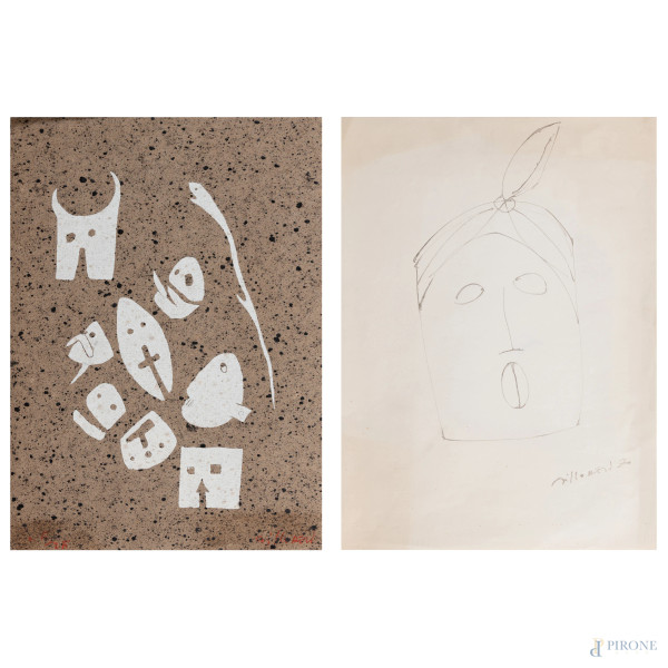 Lotto di una stampa litografica e di un disegno a tecnica mista, misure massime cm 45x33,5, firmati, (segni di usura, tracce di umidità, difetti)