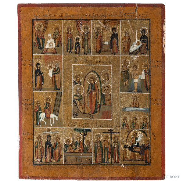 Icona raffigurante Scene di Vita di Cristo, XIX-XX secolo, tempera su tavola, cm 41x34 (segni di usura, cadute di colore, restauri, difetti, rotture, )