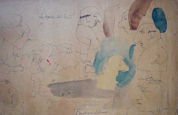 Le spine del sud, matita e acquerello su carta incollata su tela, firmato in basso a destra, cm 2...