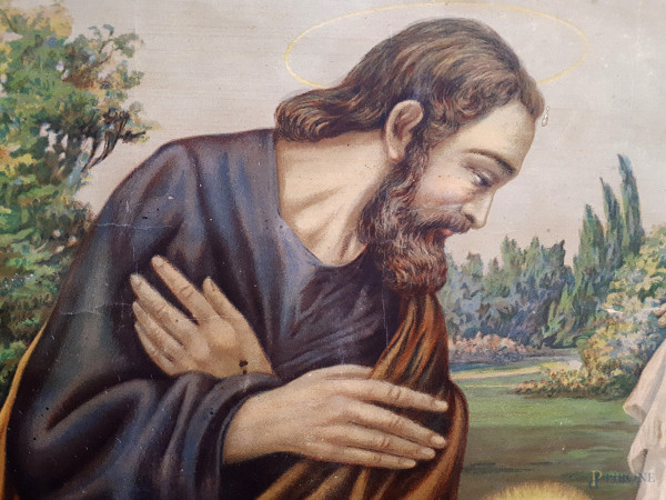 Sacra Famiglia, antica cromolitografia su carta, cm 37x79