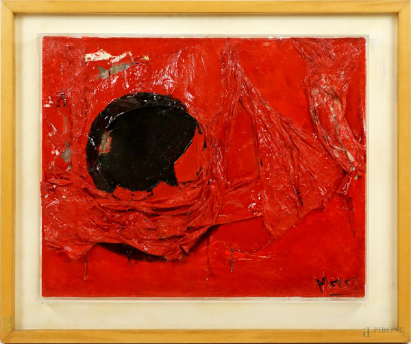 Tiziana  Monosclalco Monos - Inferno rosso, dipinto polimaterico su tela, cm 40x50