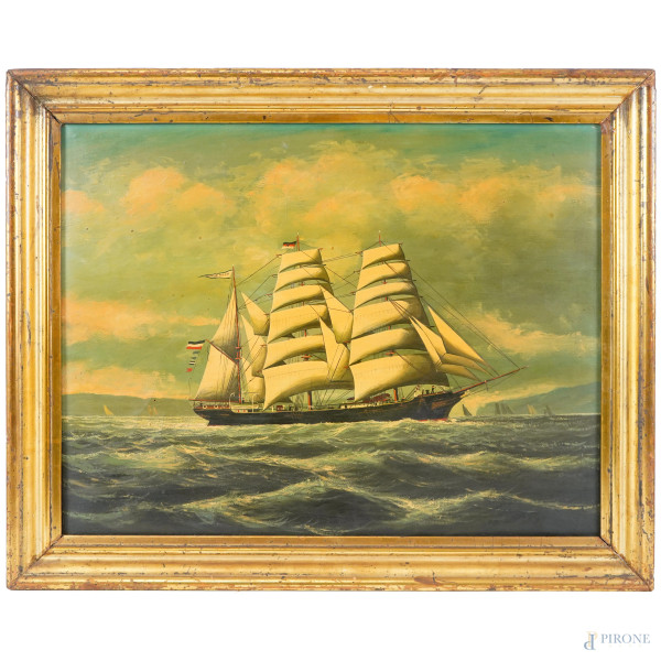 Veliero in mezzo al mare, olio su tela, XX secolo,cm 36x46 entro cornice, (difetti)