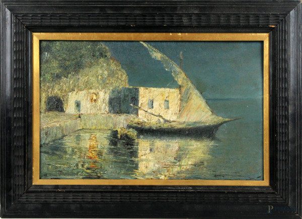 Isola di Ponza, olio su tela, cm 27x42, firma a tergo, XX secolo, entro cornice.
