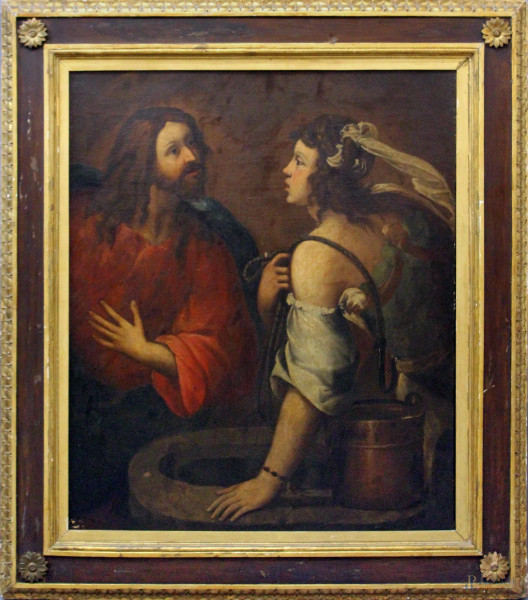 Pittore del XVIII secolo, Ges&#249; e la Samaritana al pozzo, olio su tela, cm. 114x92, entro cornice coeva.