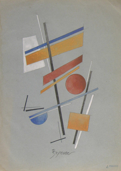 Artista russo, Composizione astratta con figure geometriche, tempera su carta, cm 20x29 entro cornice