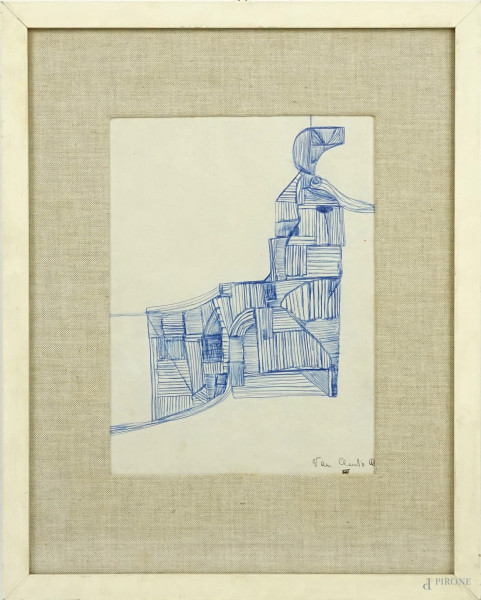 Claudio Celli - Uomo uccello prigioniero, penna su carta, cm 27,5x20, entro cornice.