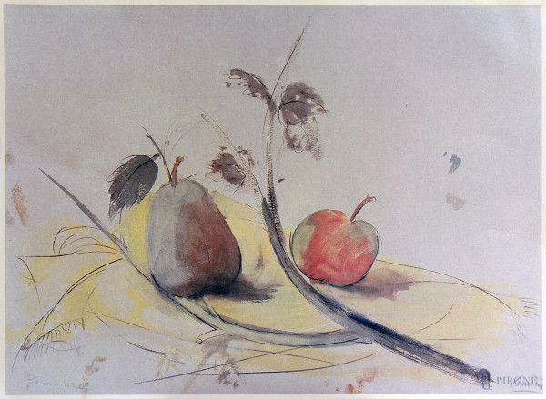 Giacomo Manz&#249;, Composizione con frutta, grafica su carta, cm 35x48