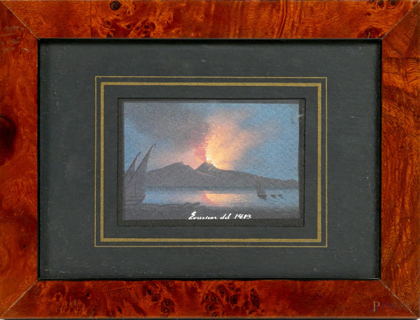 Stampa raffigurante l'eruzione del Vesuvio, XX secolo, misure comprese passepartout cm 12x17, entro cornice