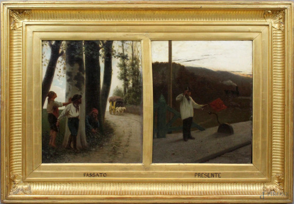 Luigi Steffani - Passato e presente, olio su tela, cm. 40x68,5, entro cornice.
