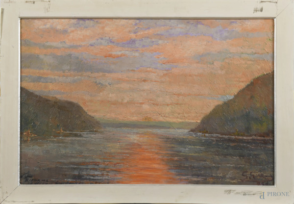 Tramonto sul lago, XX secolo, olio su faesite, cm 41x62, firmato in basso a destra, entro cornice, (segni di usura, abrasioni)