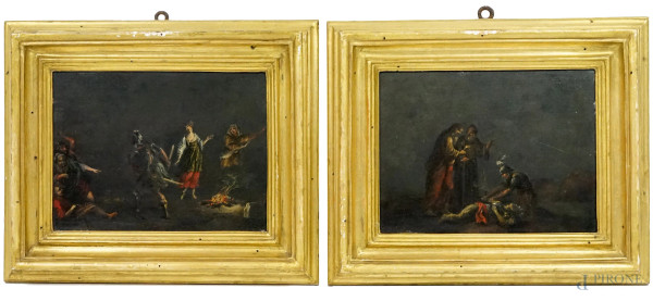 Cerchia di Filippo Napoletano (c. 1589-1629), Coppia di dipinti raffiguranti episodi tratti dall'Orlando Furioso e dalla Gerusalemme Liberata, olio su ardesia, cm 17x22, entro cornici