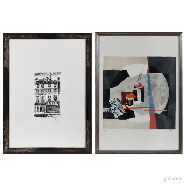 Lotto di due litografie: Orfeo Tamburi, cm 70x50, entro cornice, P.A., (difetti); Giancarlo Isola, cm 70x50, entro cornice, 9/80, (difetti)