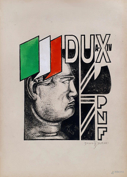 Propaganda Fascista, DUX, tempera su carta, cm 33x24, opera di Duilio Bottari (XX sec.), firmato in basso a destra, entro cornice