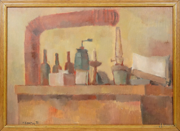 Composizione- vasellame, olio su tela, cm 50x70, firmato e datato S. Navarra '70, entro cornice.