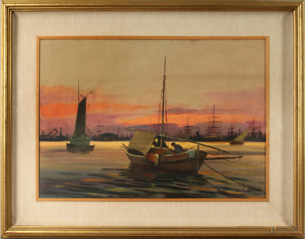 Giacomo  Tabellini - Porto con imbarcazioni, olio su tavola, cm. 35x50, entro cornice.