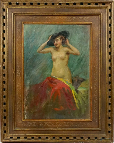 Nudo di donna con cappello, olio su tela, cm 33,5x23, firmato, entro cornice, (lieve caduta di colore).