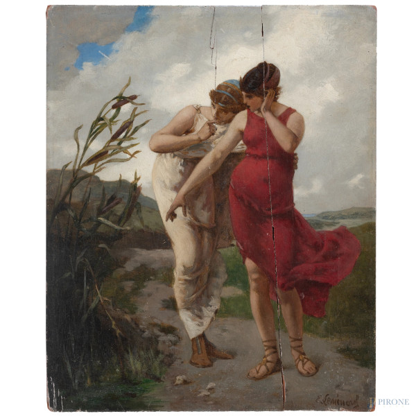 Ernest Émile Lemenorel (1848-1934), La légende des roseaux, XIX secolo, olio su tavoletta, cm 27x22, firmato in basso a destra (rottura netta e fessurazioni del supporto)