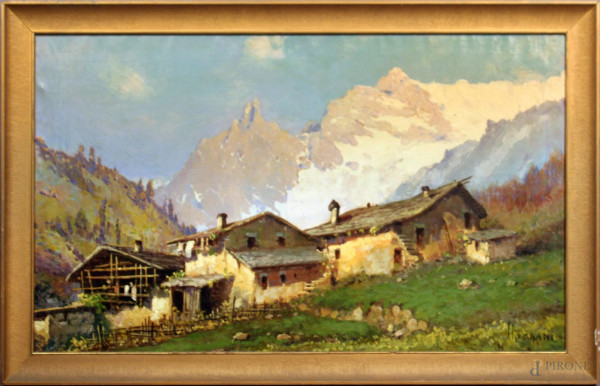 Romolo  Liverani - Paesaggio montano con case, olio su tela, cm. 60x100, entro cornice, (difetto sulla tela).