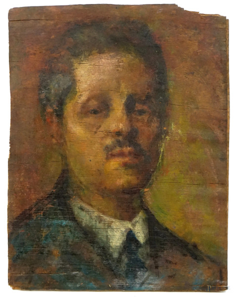 Ritratto d'uomo, olio su compensato, cm 31x24, inizi XX secolo, (difetti).