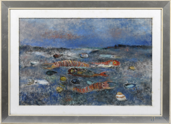 Luce blu sui pesci, XX secolo, olio su cartone telato, cm 39,5x60, firmato in basso a  sinistra, entro cornice, (difetti)