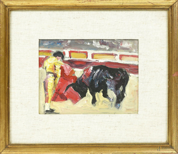 La Corrida, olio su cartone, XX secolo, cm 12,5x16,5, entro cornice