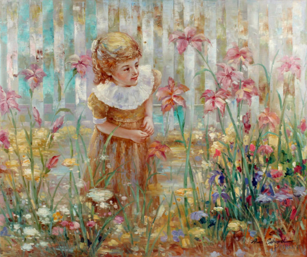 Prato con bambina, olio su tela, cm. 52x62, firmato.