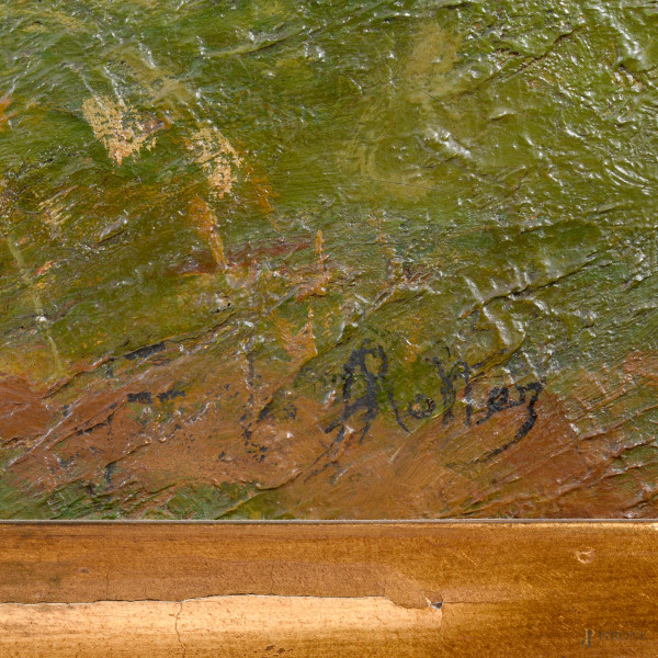 Paesaggio fluviale con figure, XX secolo, olio su tela, cm 62x100, firmato in basso a destra, ent...