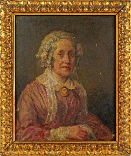 Giovanni Carnovali  Il Piccio - (Attribuito a), Ritratto di anziana, olio su cartone, cm 30x24, entro cornice.