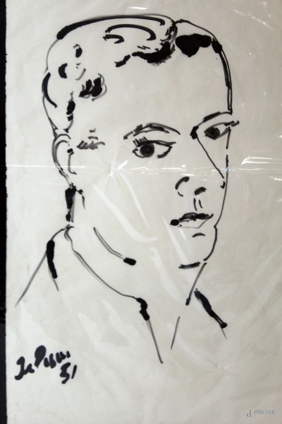Ritratto d'uomo, disegno a pennarello su carta, cm 38,5x27, firmato e datato.