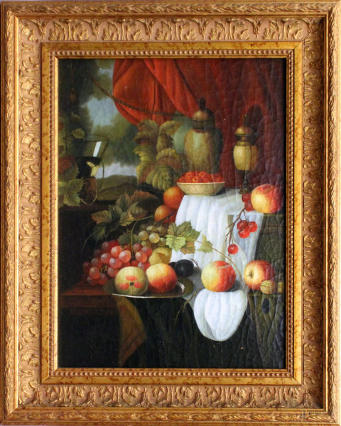 Natura morta con frutta, olio su tavola, cm 30x40, entro cornice.