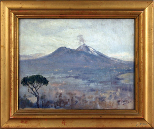 Etna, olio su tela, cm. 24x31, firmato entro cornice.