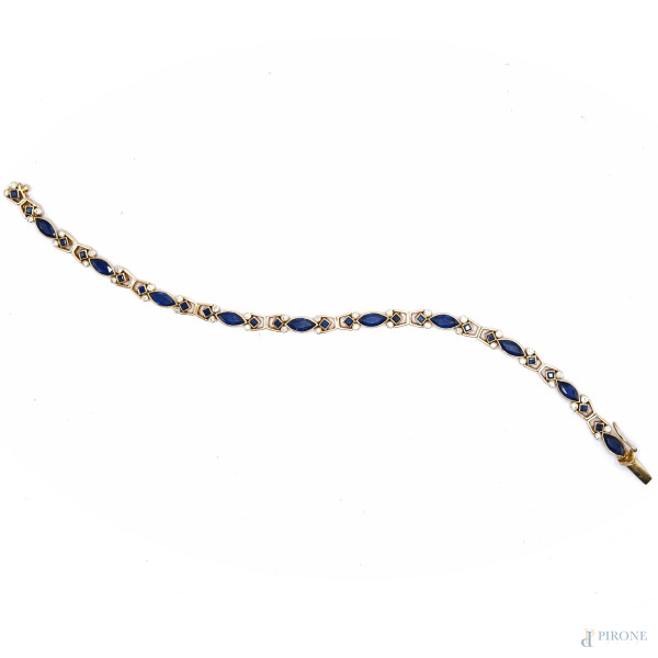 Bracciale in oro 18 KT con zaffiri e brillantini, peso gr. 21, lunghezza cm 20,5
