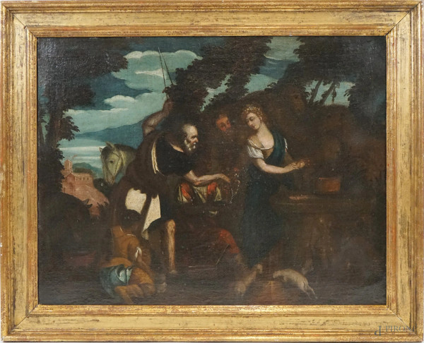 Scuola dell'Italia Centrale, fine XVII secolo, Iliezer e Rebecca al pozzo, Iliezer e Rebecca al pozzo, olio su tela, cm 60x76