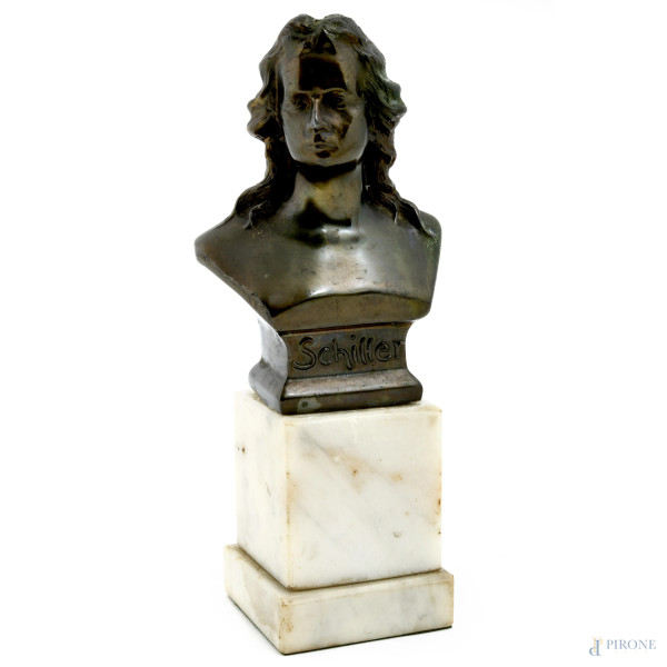 Busto di bronzo su base in marmo raffigurante Schiller, XX secolo, altezza cm 20,5