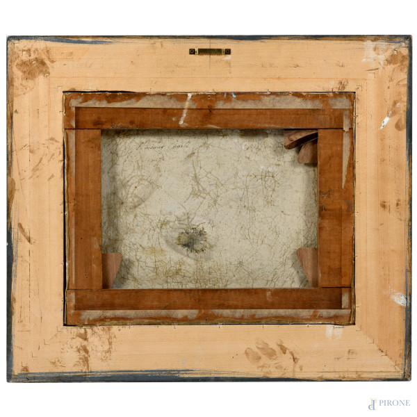 Capriccio con fontana, XIX secolo, olio su tela, cm 31x39 entro cornice, (craquelure e sollevamen...