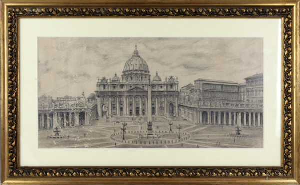 Piazza San Pietro, matita su carta, cm 24x50, entro cornice (difetti sulla carta).